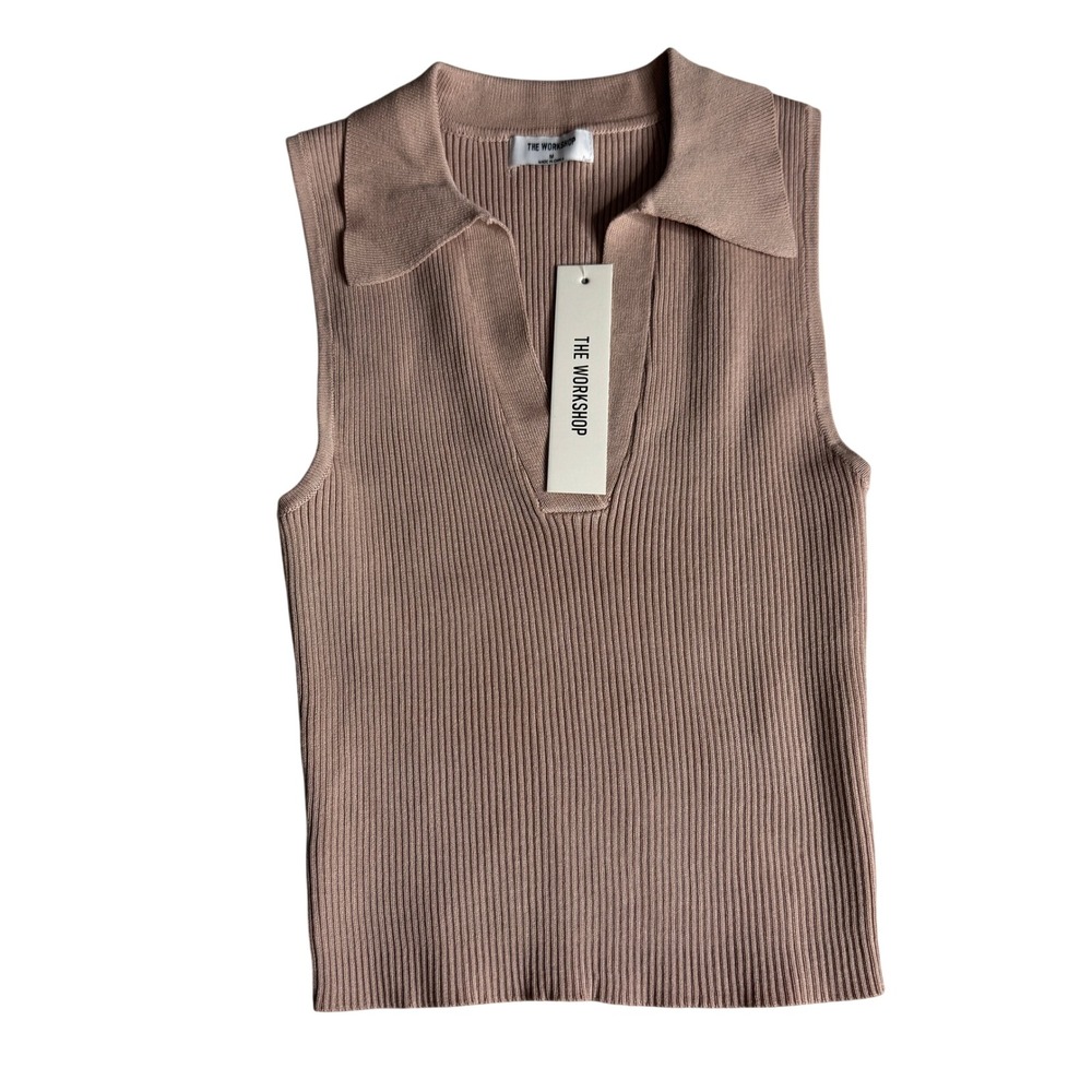 The Workshop Ribbed Polo Collared Sleeveless Sweater Knit Crop Top Womens Medium